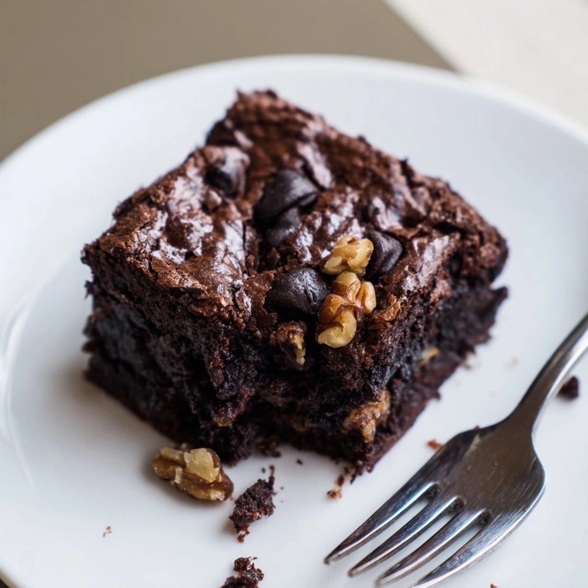 Fudgy homemade brownies with a shiny crackly top, cut into perfect squares