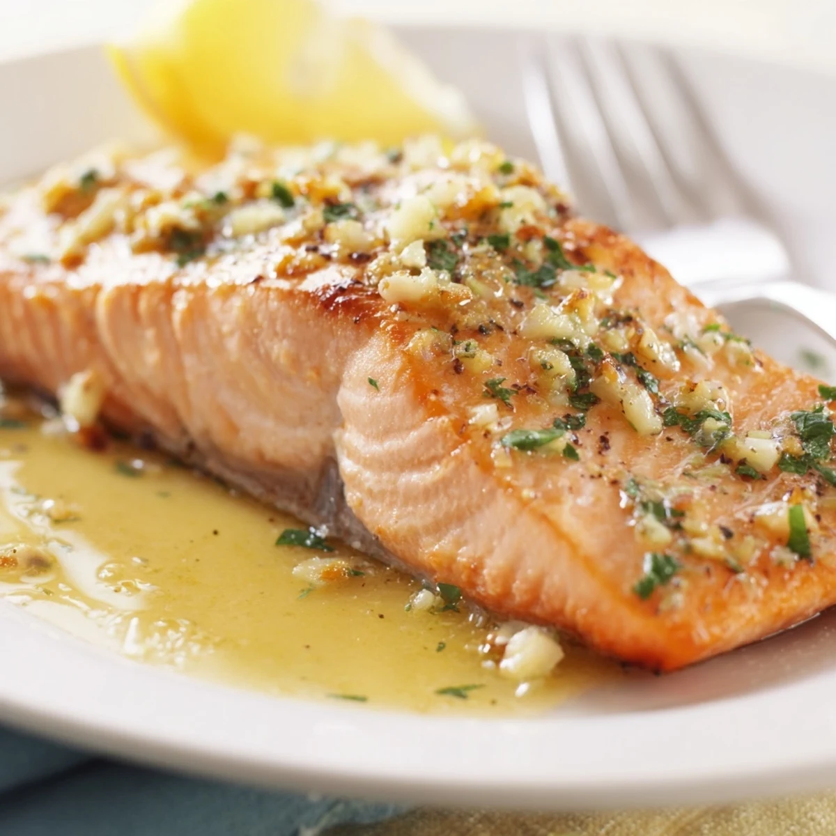 Pan-seared garlic butter salmon topped with melted butter, fresh parsley, and lemon wedges