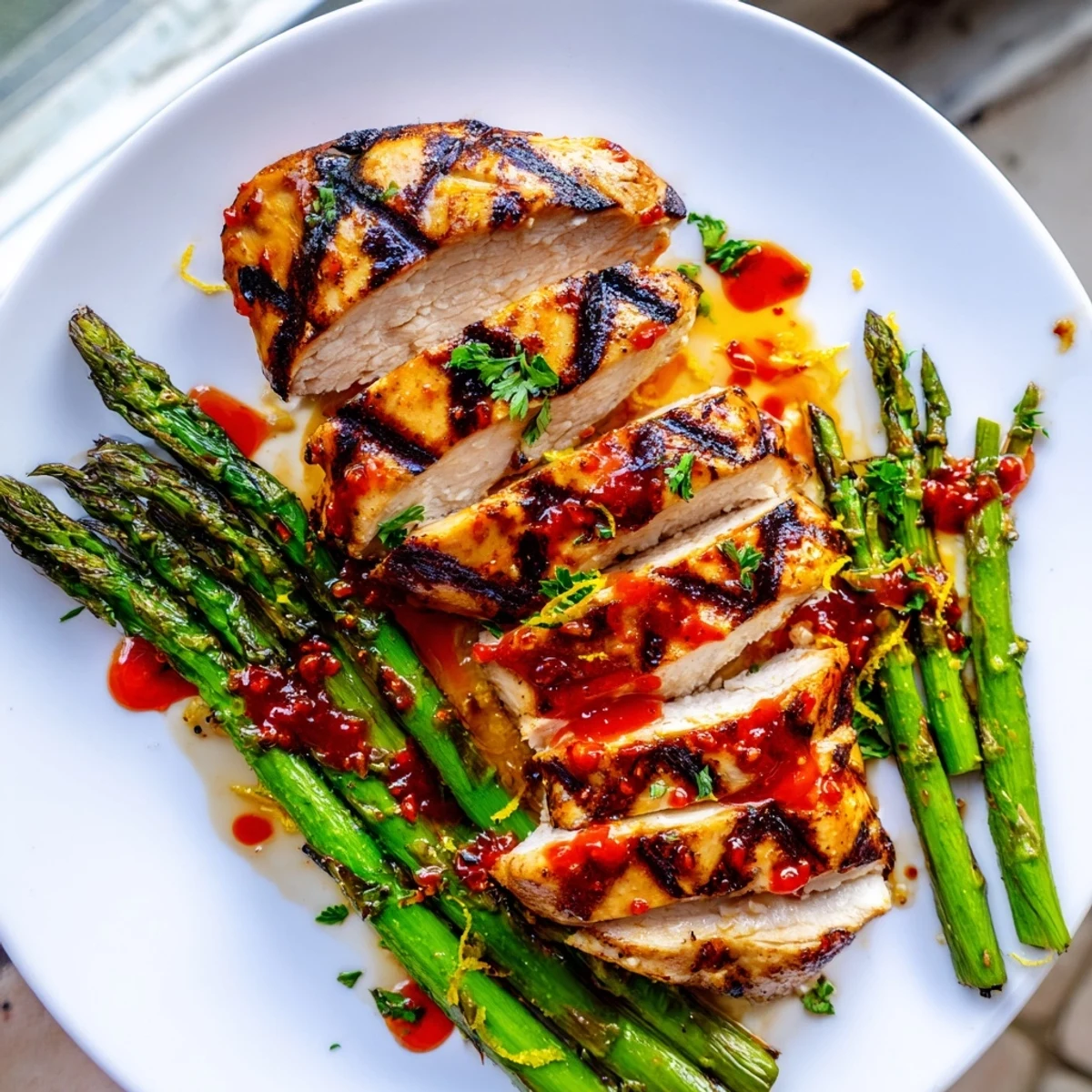 Smoky grilled chicken with tender asparagus drizzled in spicy Calabrian chili sauce