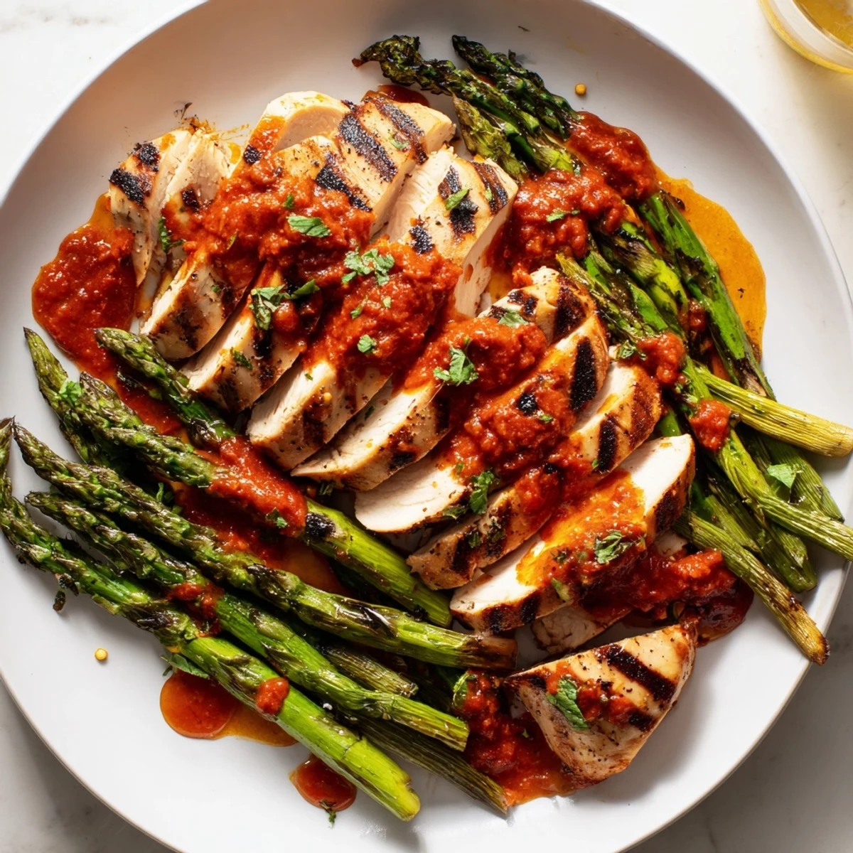 Juicy chargrilled chicken and crisp asparagus topped with vibrant red Calabrian chili sauce