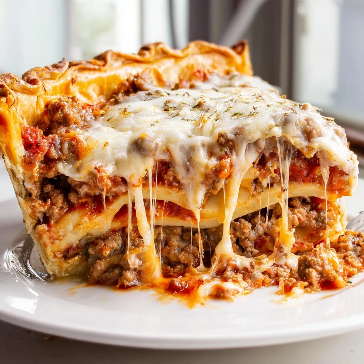 Golden bubbling cheesy lasagna pie with gooey layers fresh from the oven