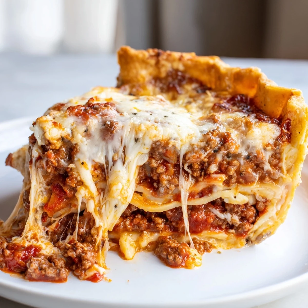 Crusty golden topped cheesy lasagna pie oozing with rich meat sauce