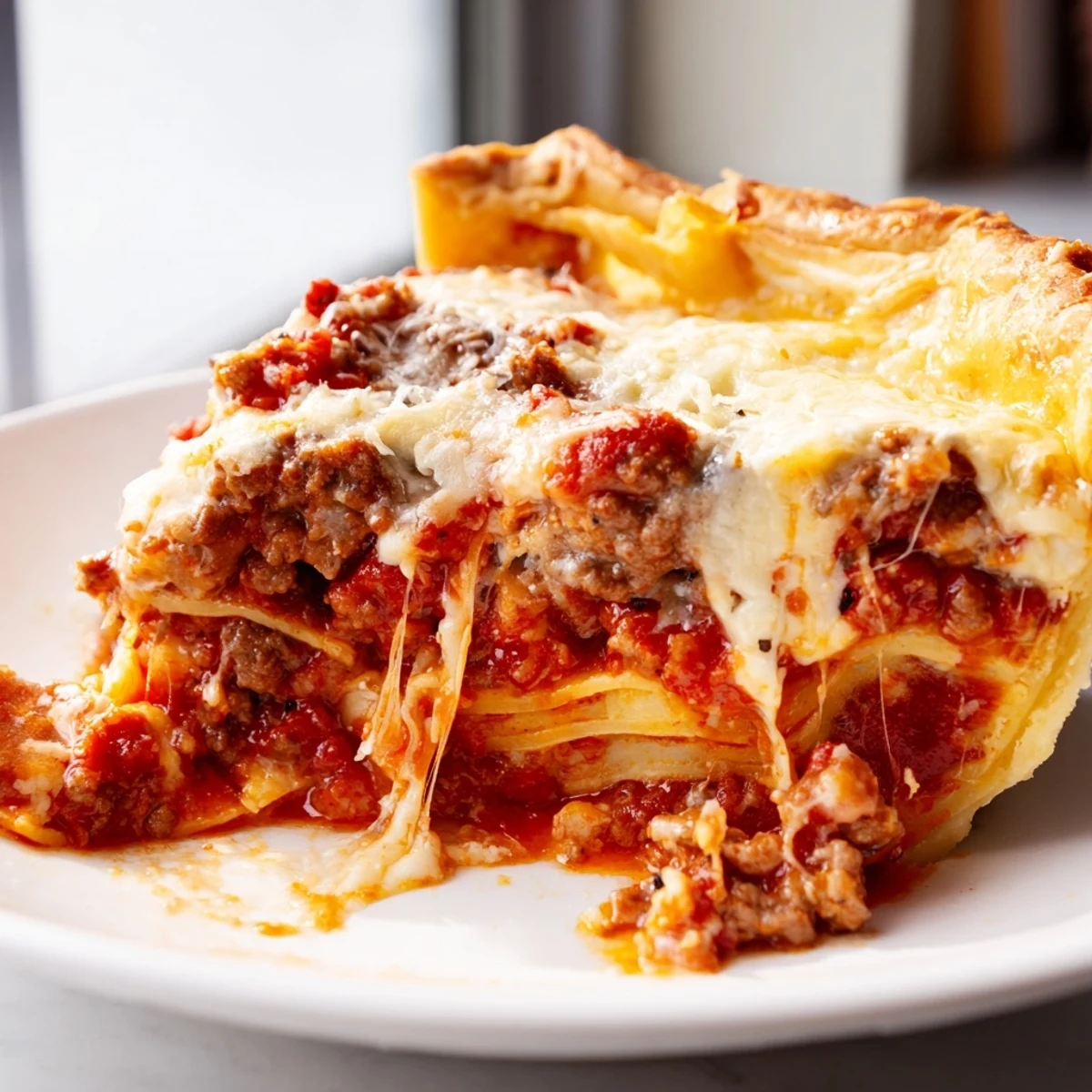 Creamy ricotta and melted mozzarella fill this cheesy lasagna pie slice