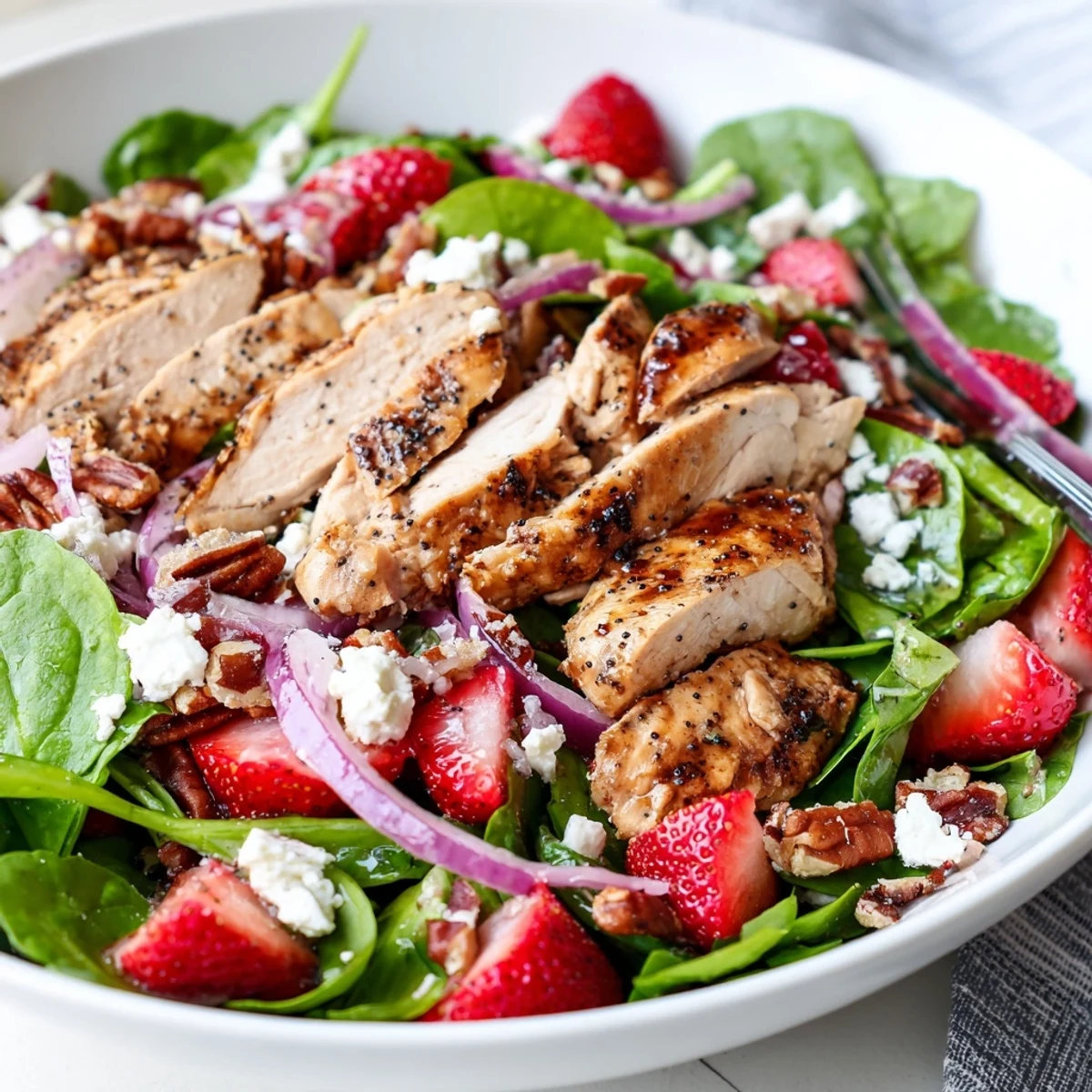 Freshly grilled chicken slices atop a vibrant Strawberry Chicken Salad with ripe berries and crumbled feta