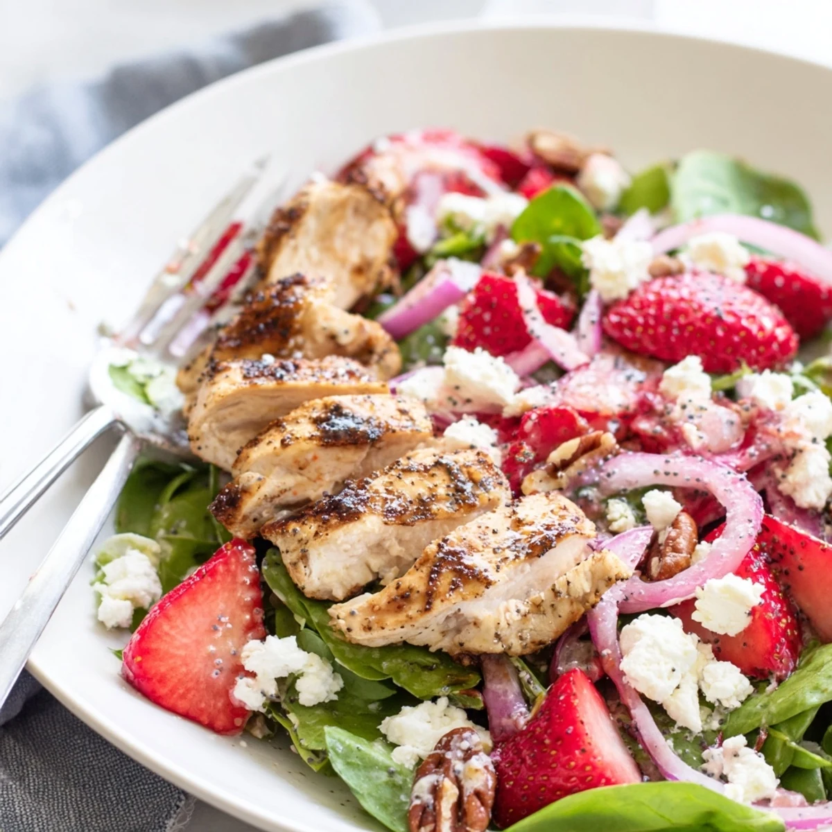 Tangy poppy seed dressing drizzled over a colorful Strawberry Chicken Salad featuring toasted pecans and greens