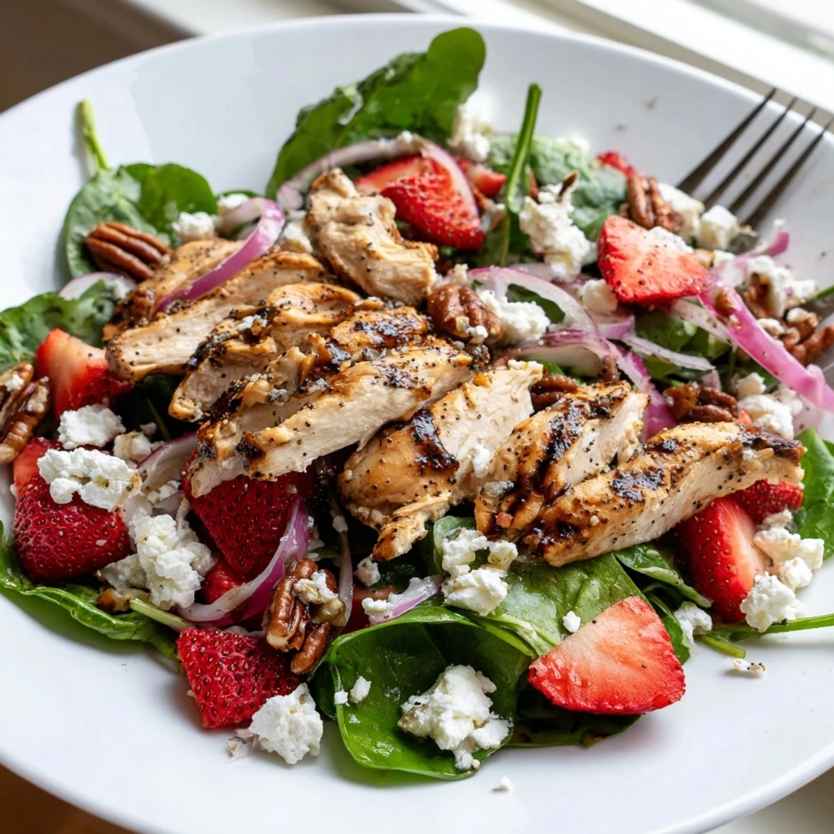 A refreshing summer Strawberry Chicken Salad plated on mixed greens with sliced strawberries and juicy chicken