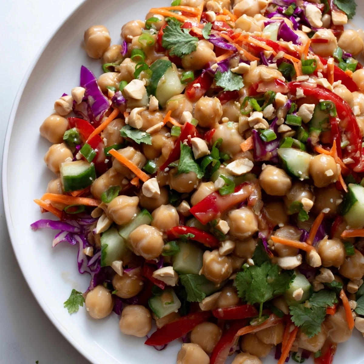 Crunchy Thai chickpea salad in a white bowl drizzled with creamy peanut dressing