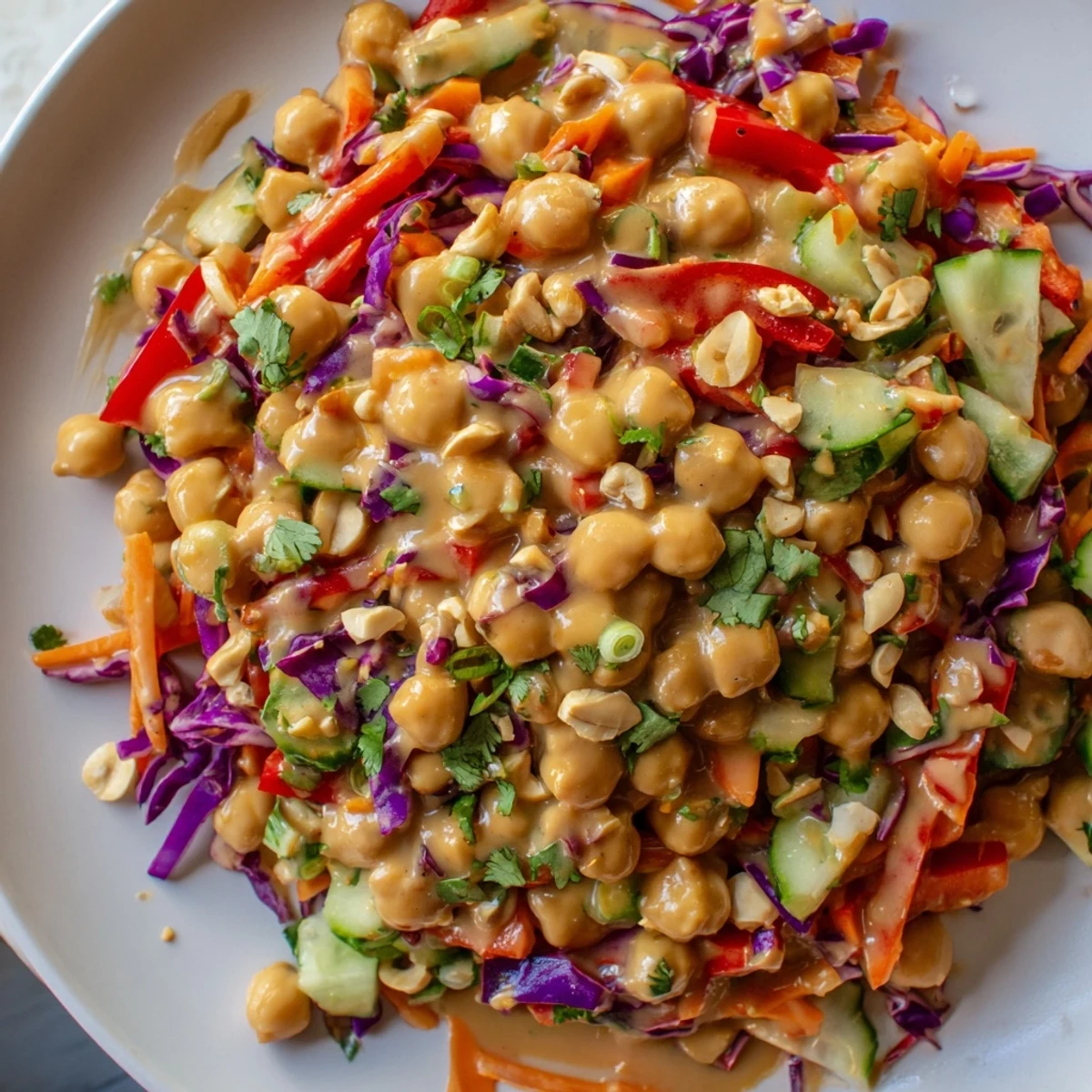 Colorful Crunchy Thai chickpea salad topped with roasted peanuts and fresh cilantro