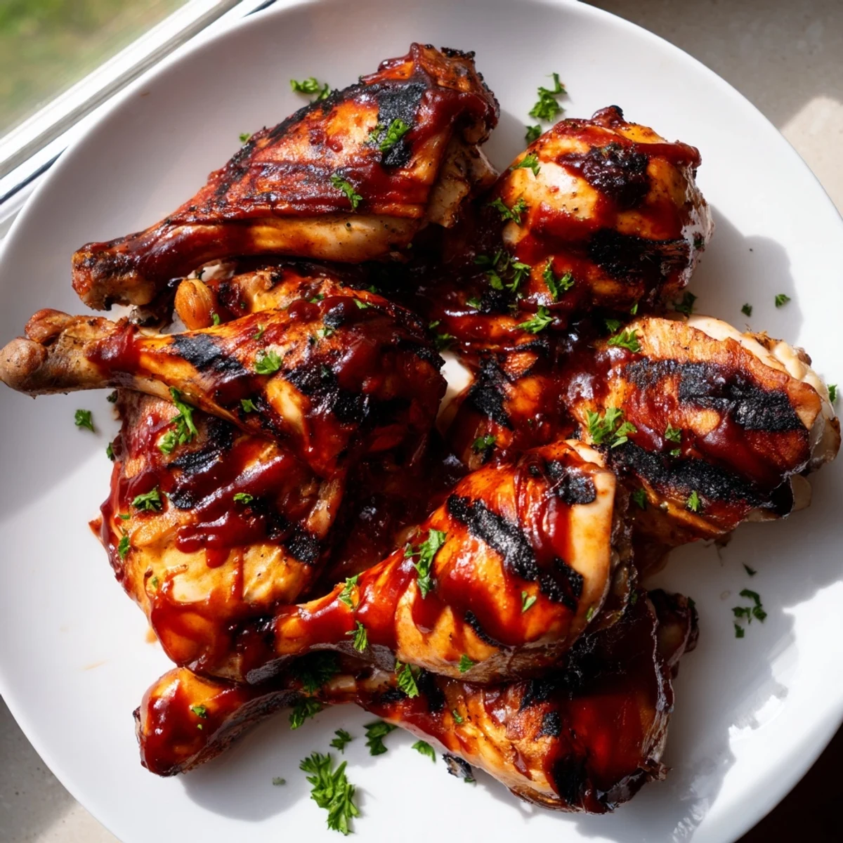 Smoky barbecue chicken with charred skin resting on a rustic wooden cutting board