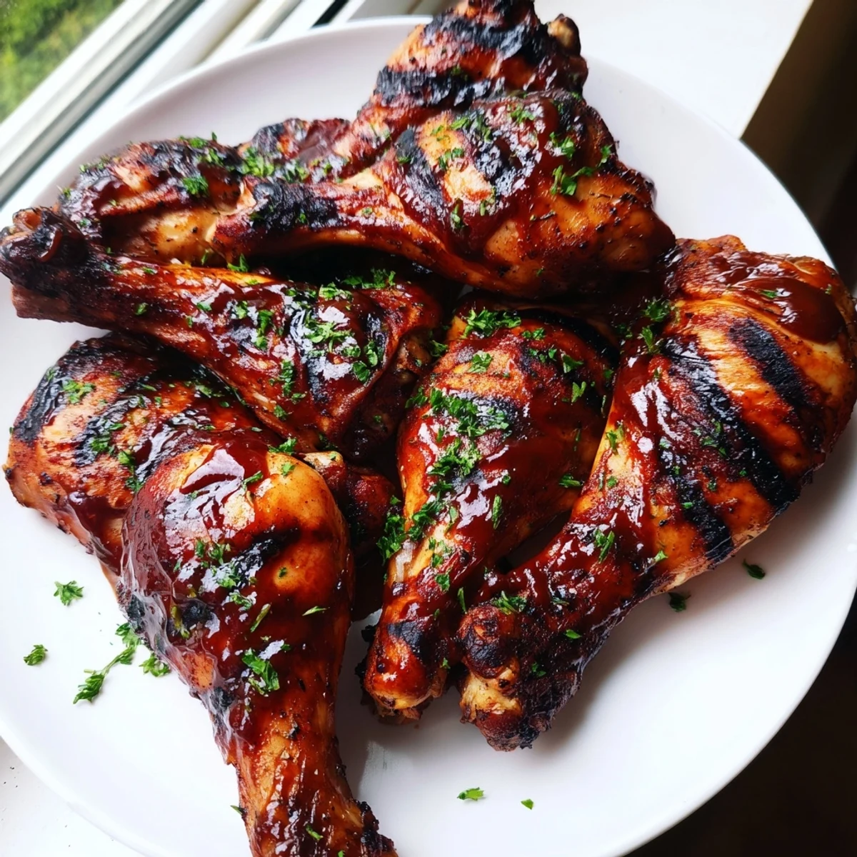 Tender barbecue chicken thighs and drumsticks brushed with tangy sauce and sprinkled with parsley