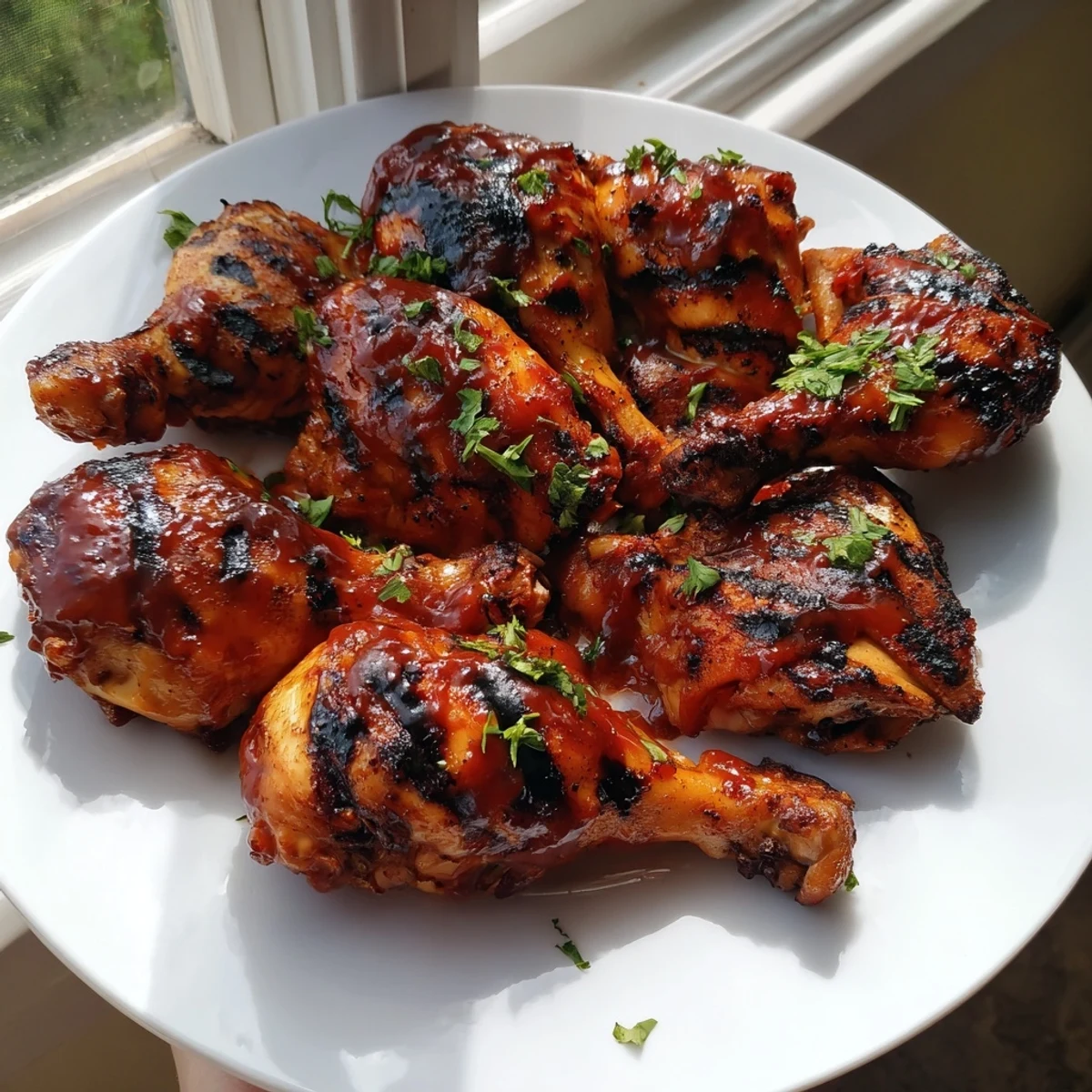 Juicy barbecue chicken pieces glistening with sticky glaze fresh off the backyard grill