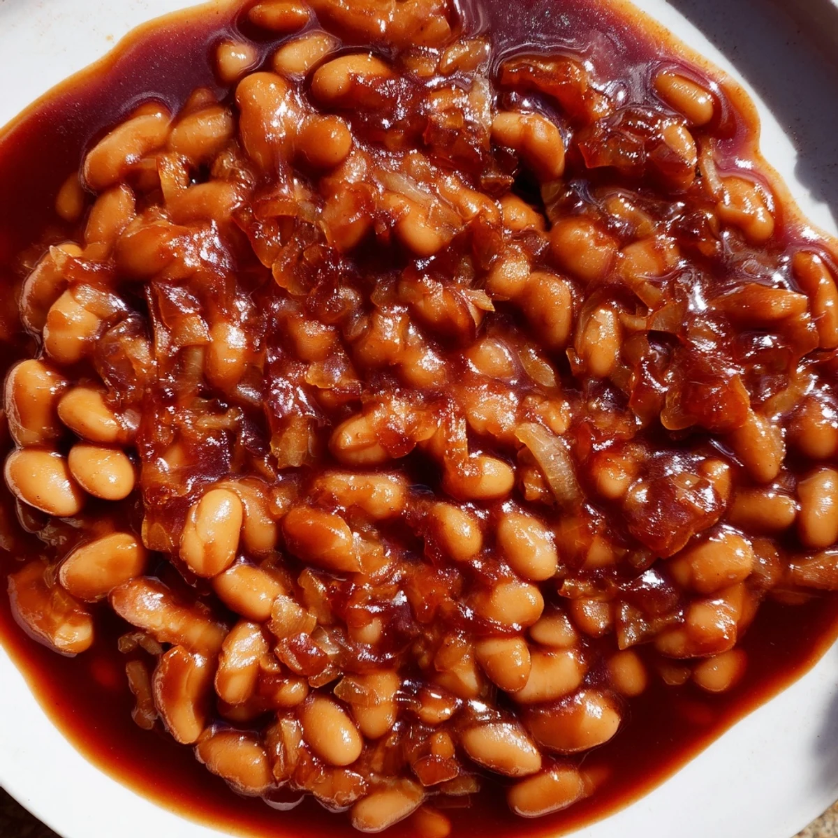 A steaming bowl of Quick Barbecued Beans glistening with rich, tangy sauce