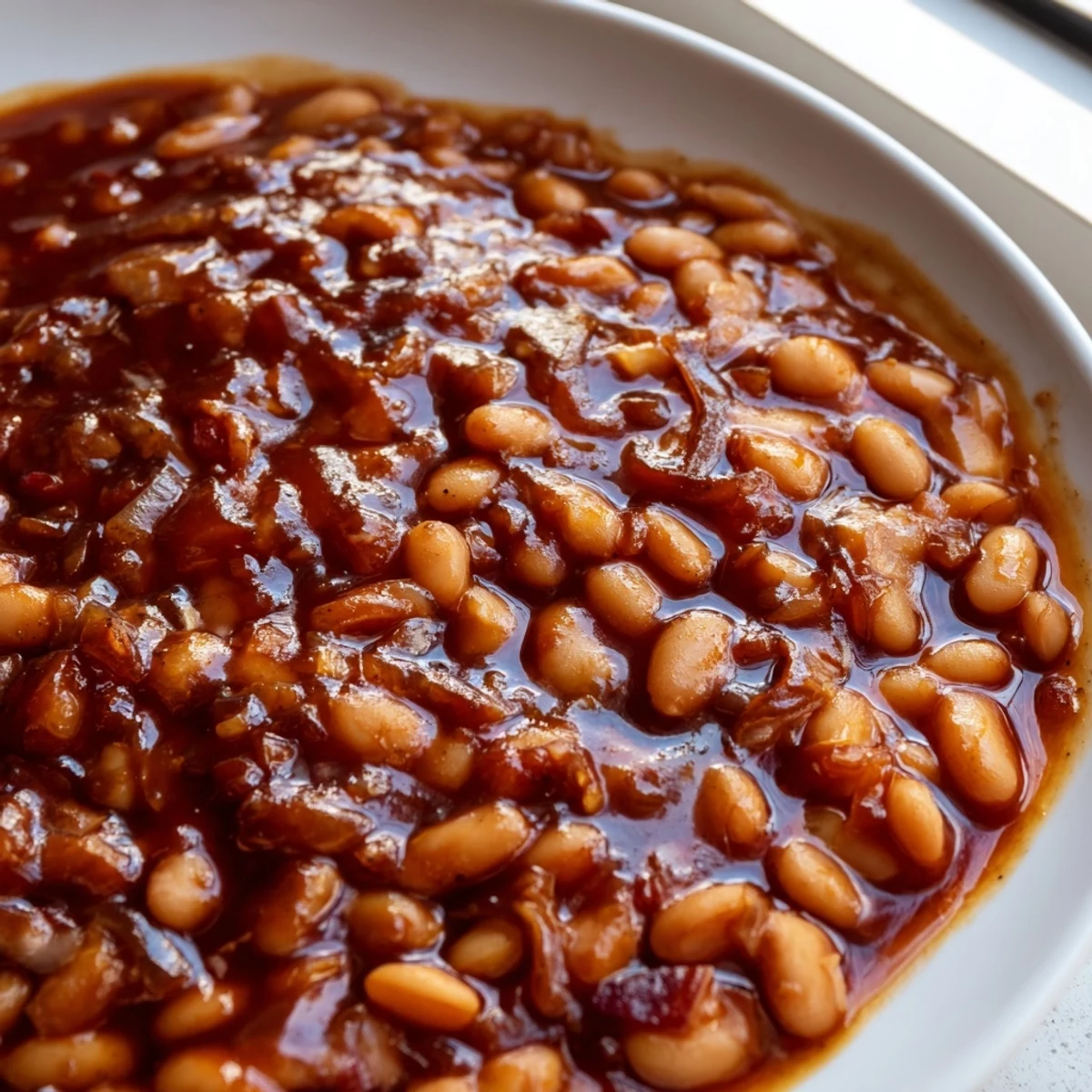 Quick Barbecued Beans served in a rustic pot with a wooden spoon