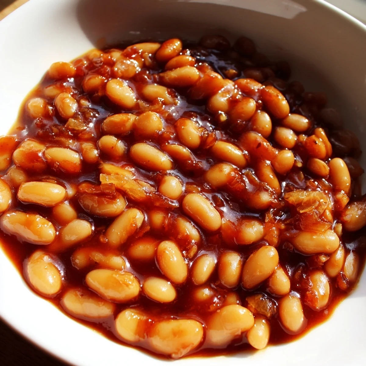 A close-up of Quick Barbecued Beans topped with fresh chopped parsley