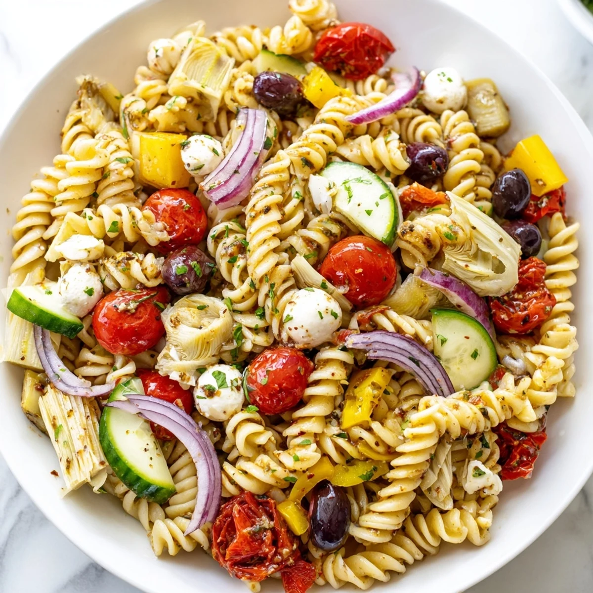 Colorful vegetarian Italian pasta salad tossed with crisp vegetables and tangy vinaigrette