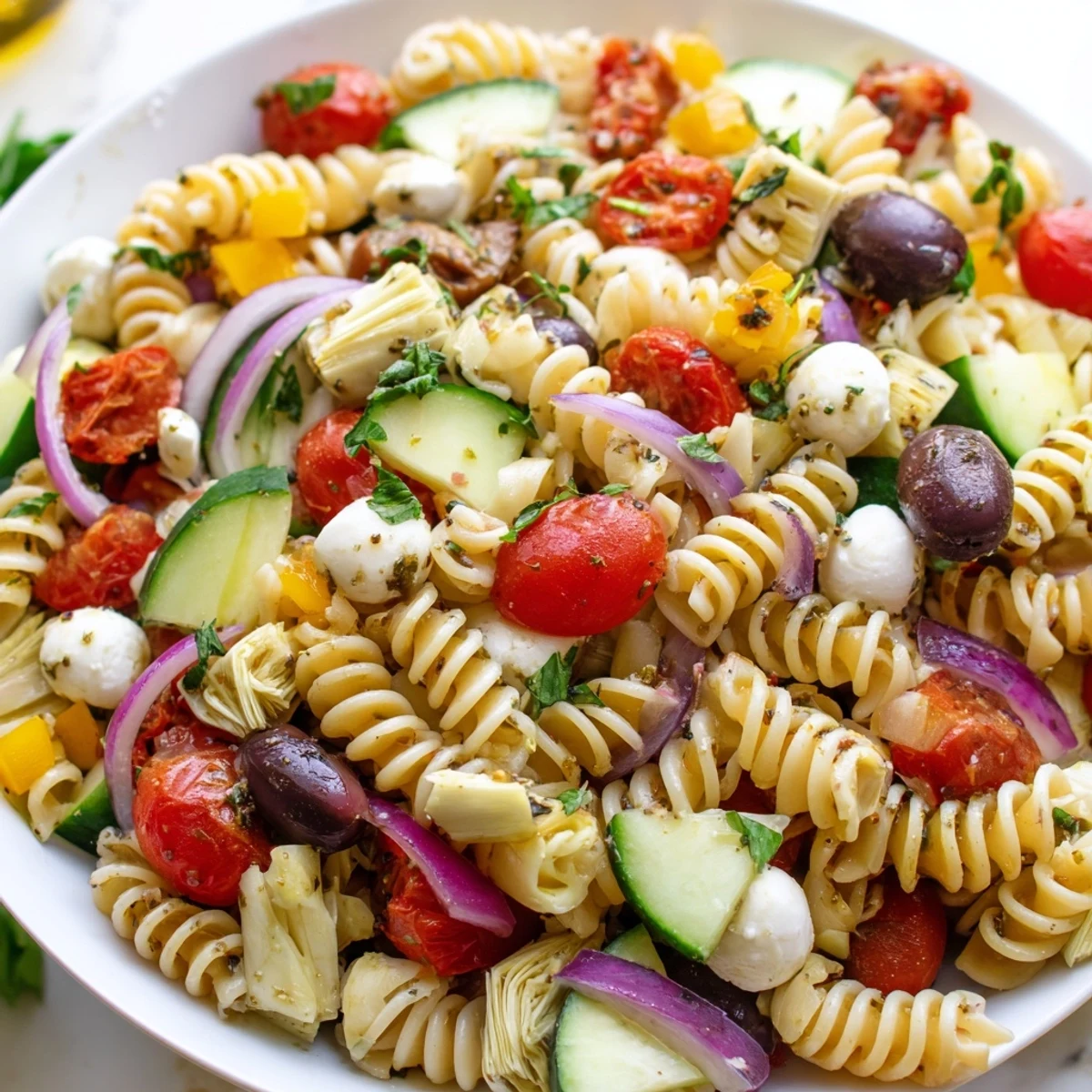 Creamy mozzarella pearls and vibrant bell peppers crown this chilled vegetarian Italian pasta salad