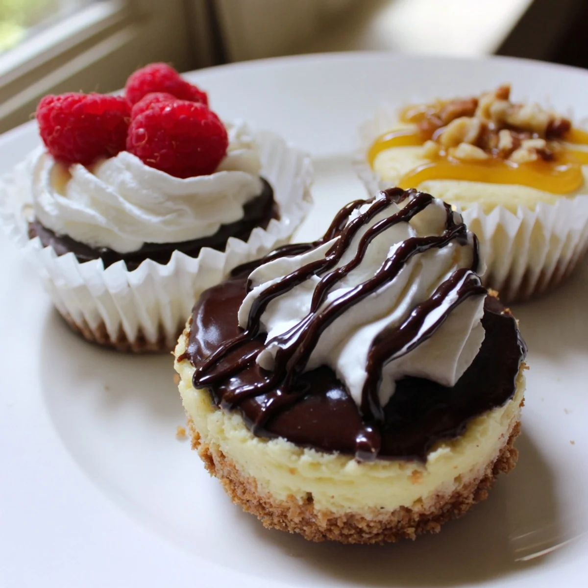 Creamy mini cheesecakes with golden graham cracker crusts topped with fresh berries