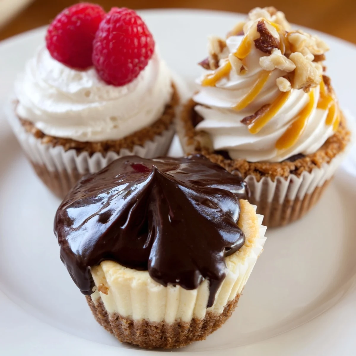 Smooth and rich mini cheesecakes arranged on a platter with assorted colorful toppings