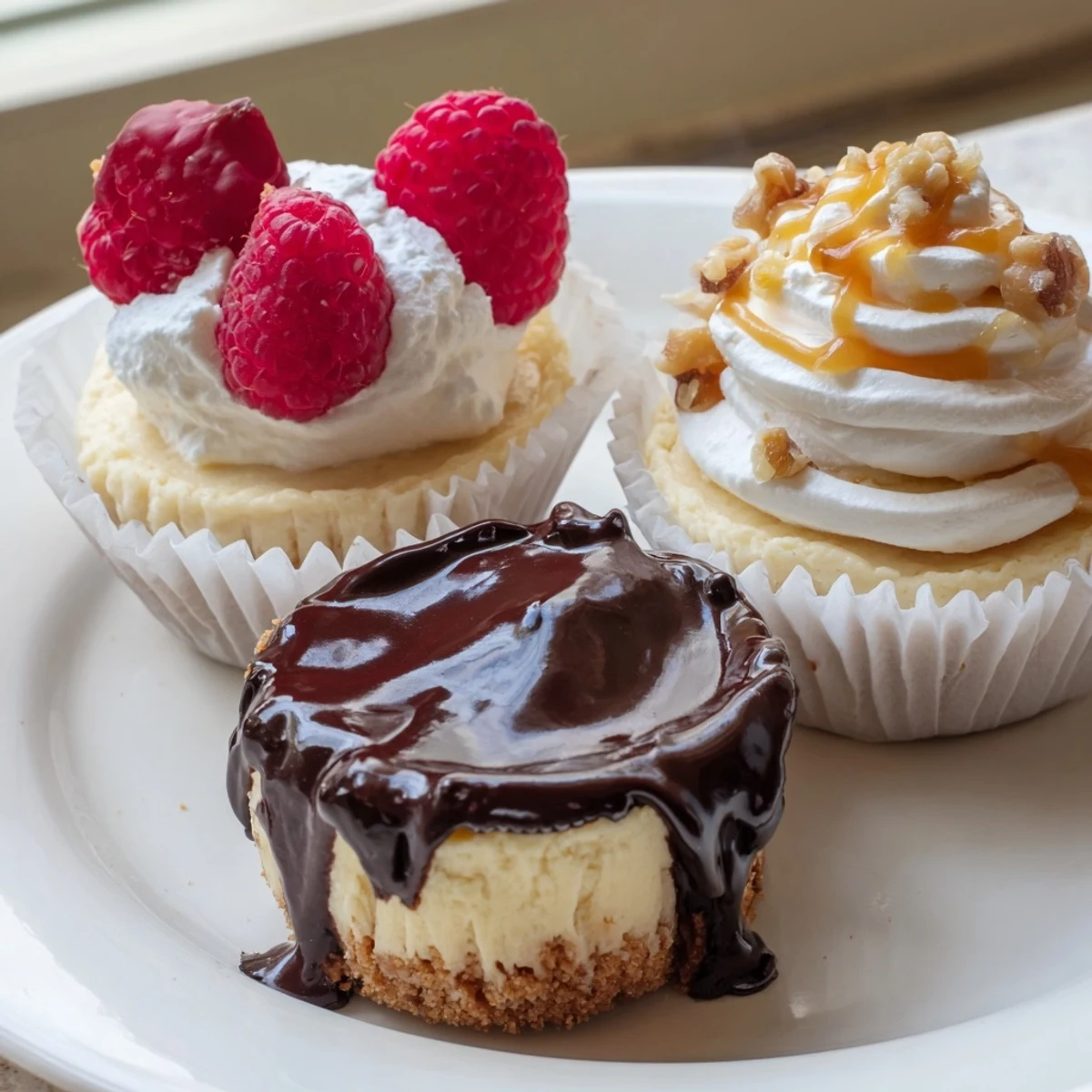 Individual mini cheesecakes drizzled with caramel and crowned with fluffy whipped cream