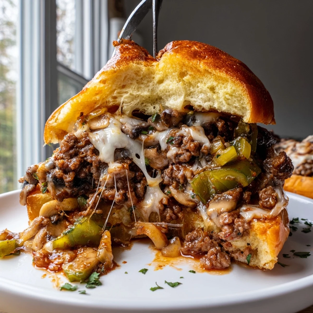 Cheesy Philly Sloppy Joes with melted provolone dripping over a golden toasted brioche bun