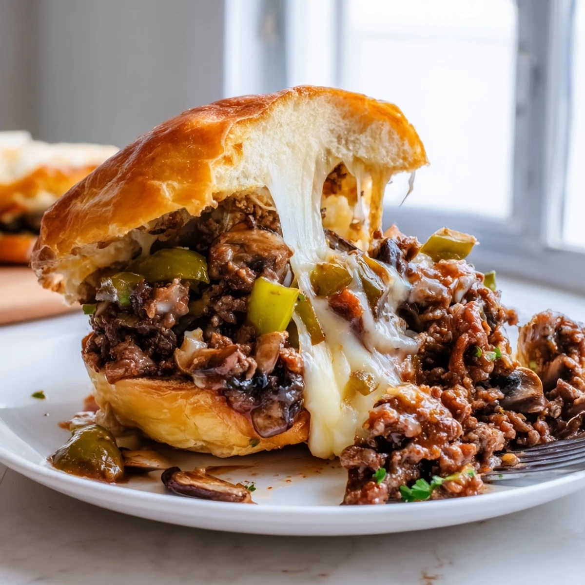 Juicy ground beef and sautéed peppers piled high in these Cheesy Philly Sloppy Joes