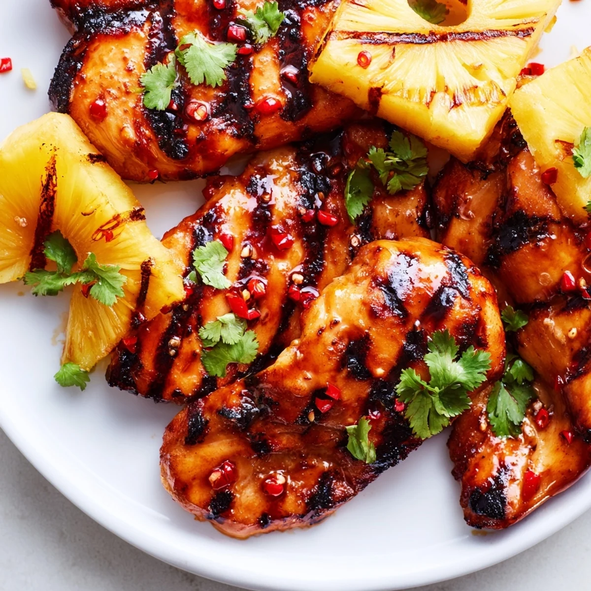 Golden chili pineapple grilled chicken sliced open topped with fresh cilantro