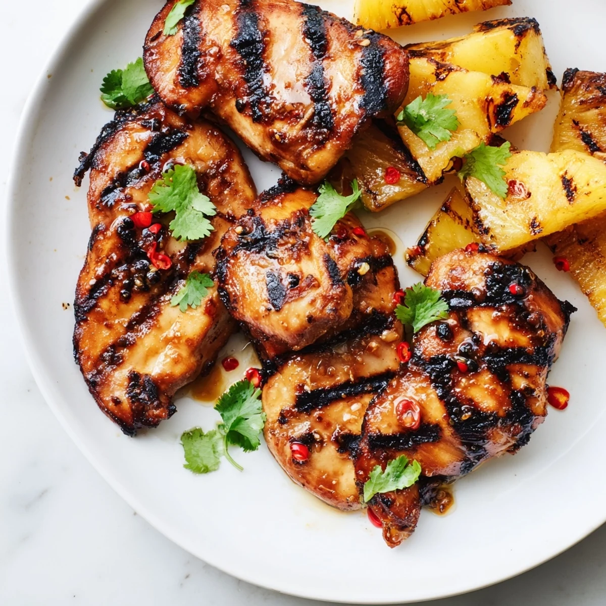 Juicy chili pineapple grilled chicken with charred edges on a summer platter