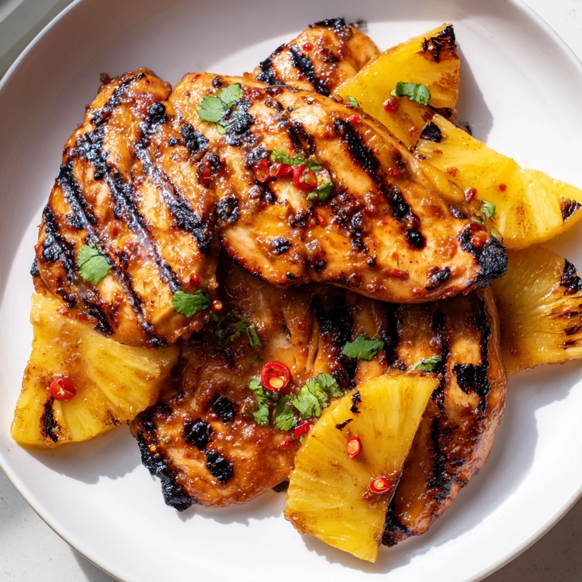 Smoky chili pineapple grilled chicken served alongside caramelized pineapple skewers and lime