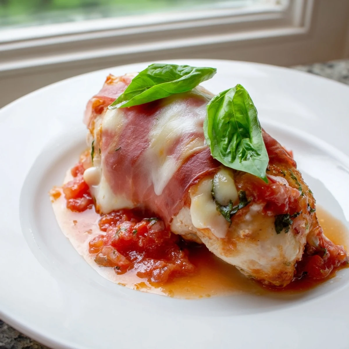 Creamy baked chicken Valdostana with bubbling cheese and savory ham over rich tomato sauce