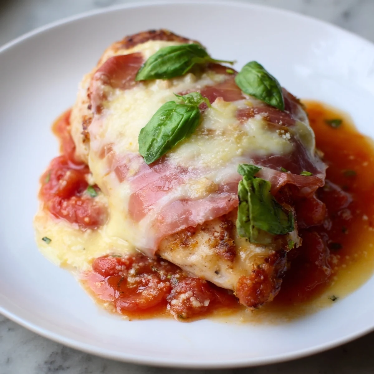 Golden chicken Valdostana topped with melted Fontina and crispy prosciutto in tomato sauce