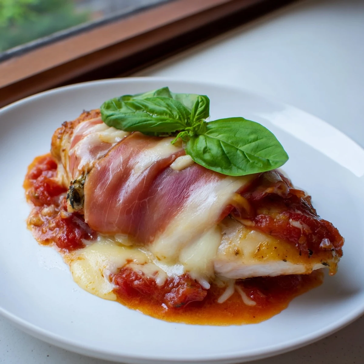 Breaded chicken Valdostana draped in prosciutto and gooey cheese, garnished with fresh basil