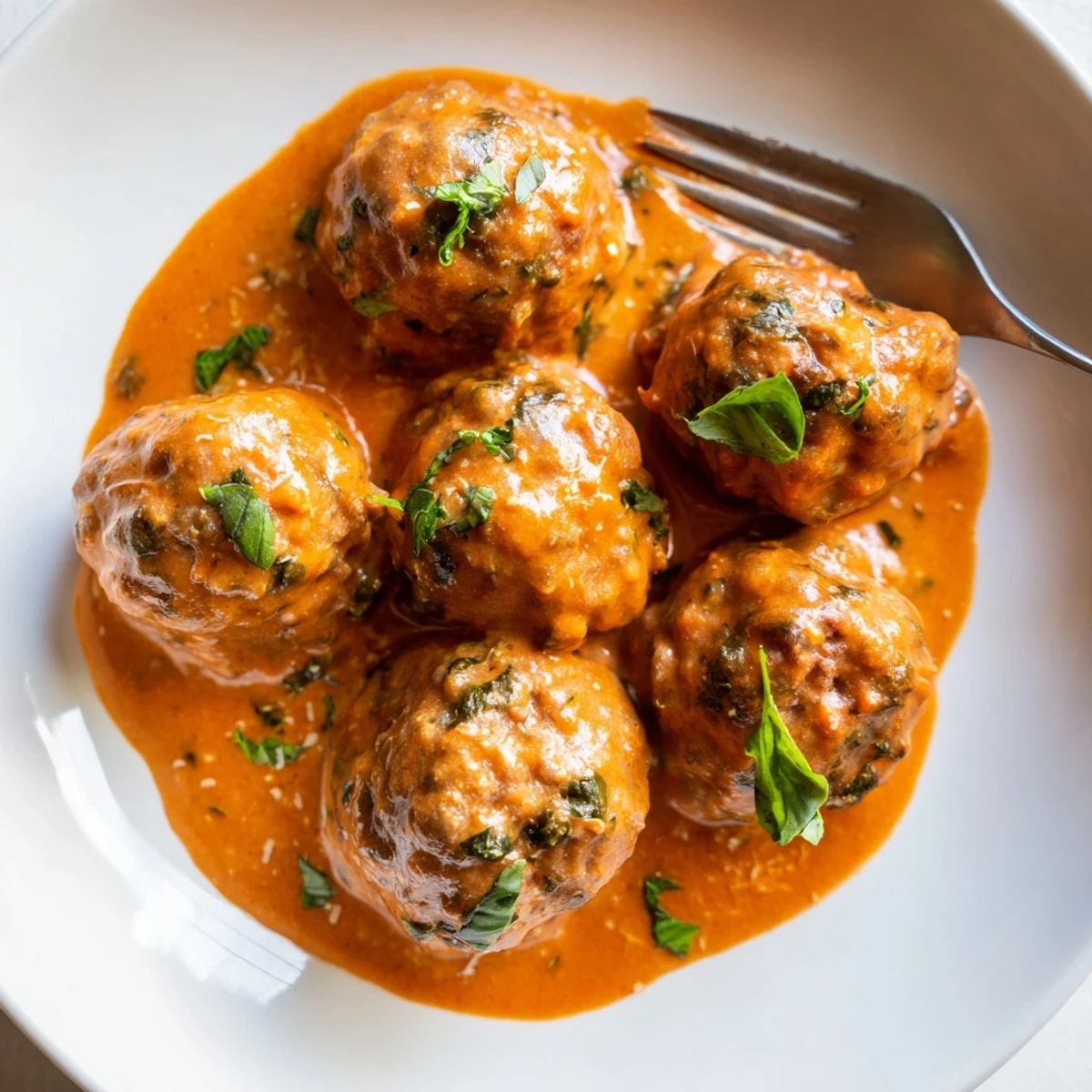Tender creamy tomato basil meatballs swimming in a vibrant, golden-red sauce with fresh herb garnish