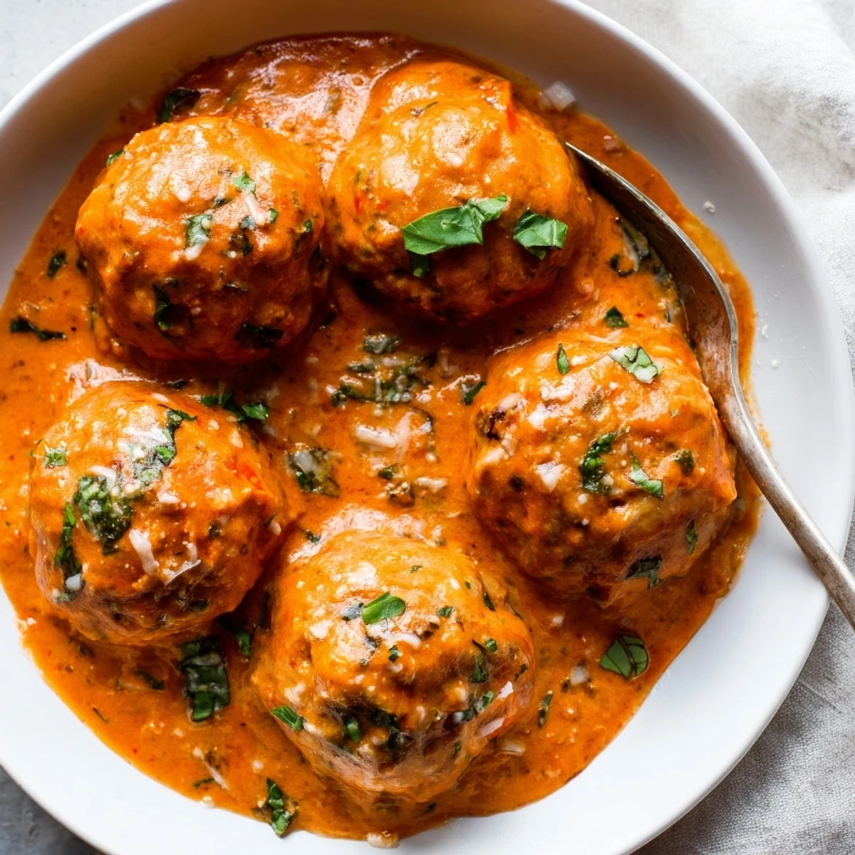 Golden-baked creamy tomato basil meatballs nestled in a rich, velvety sauce with fragrant basil leaves