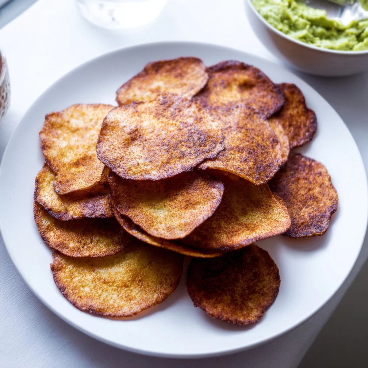 Golden cottage cheese chips arranged on parchment, crisp and ready for dipping