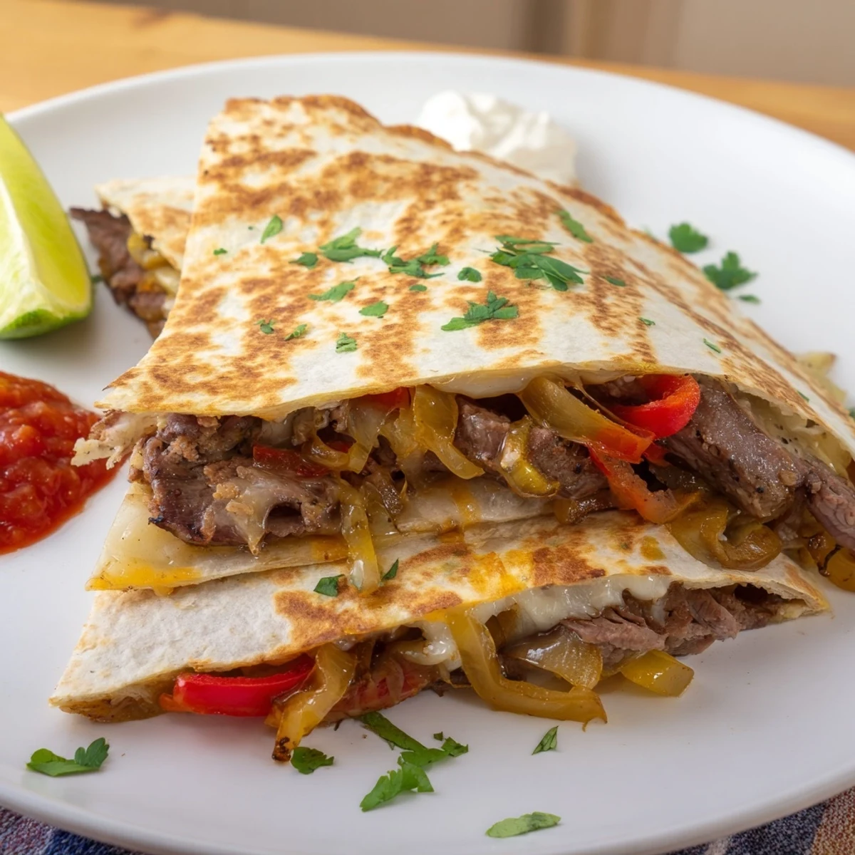 Crispy golden steak quesadillas loaded with melted cheese and sautéed peppers on a wooden board