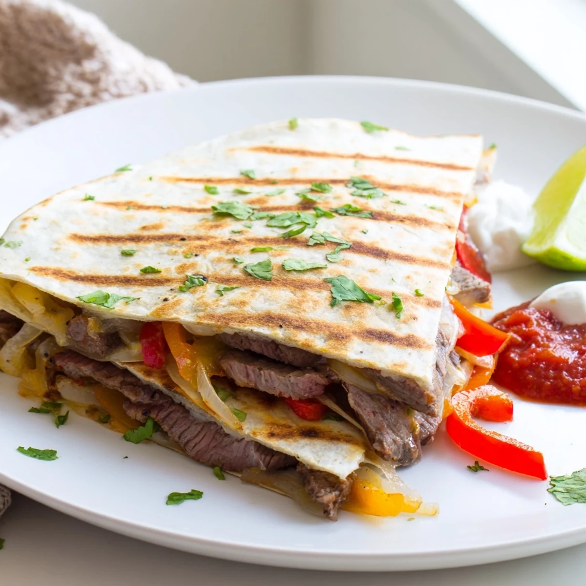 Steak quesadillas cut into wedges with gooey Monterey Jack cheese and grilled vegetables inside