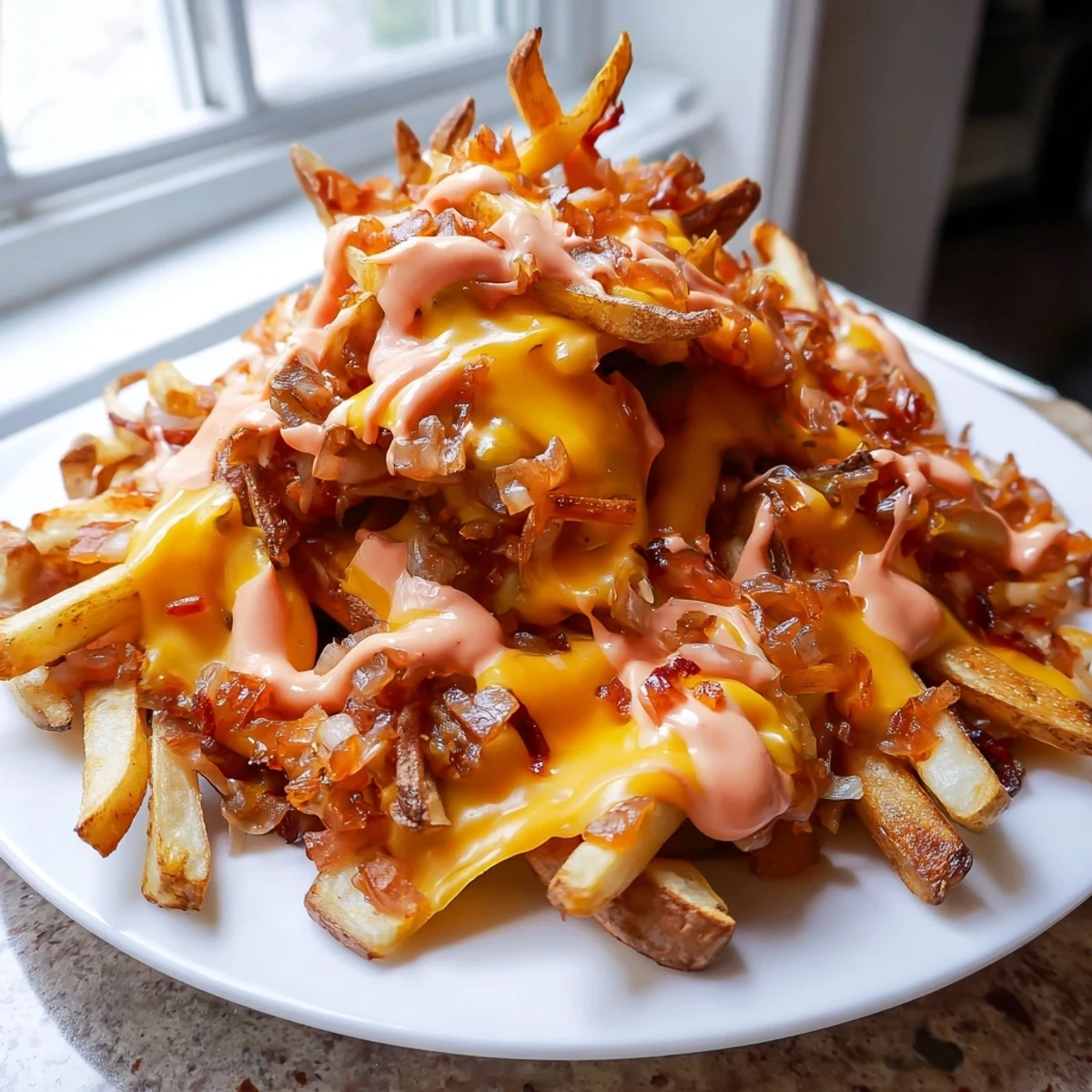 Crispy golden Animal Style Fries loaded with melted cheese and tangy sauce