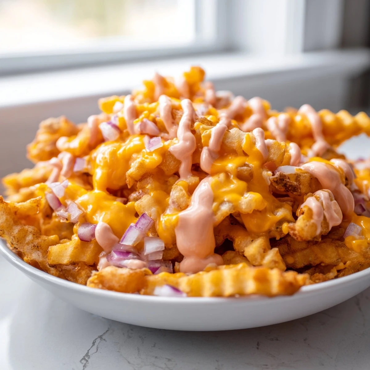 Animal Style Fries smothered in gooey cheese and sweet caramelized onions
