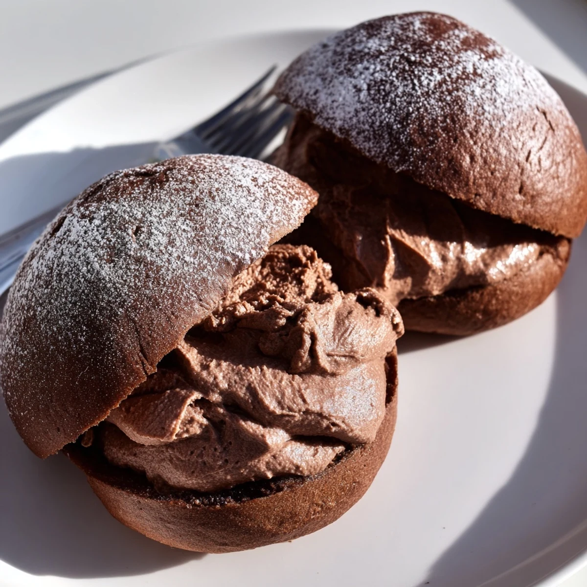 Italian Chocolate Maritozzi buns split open and piled with dark chocolate whipped cream