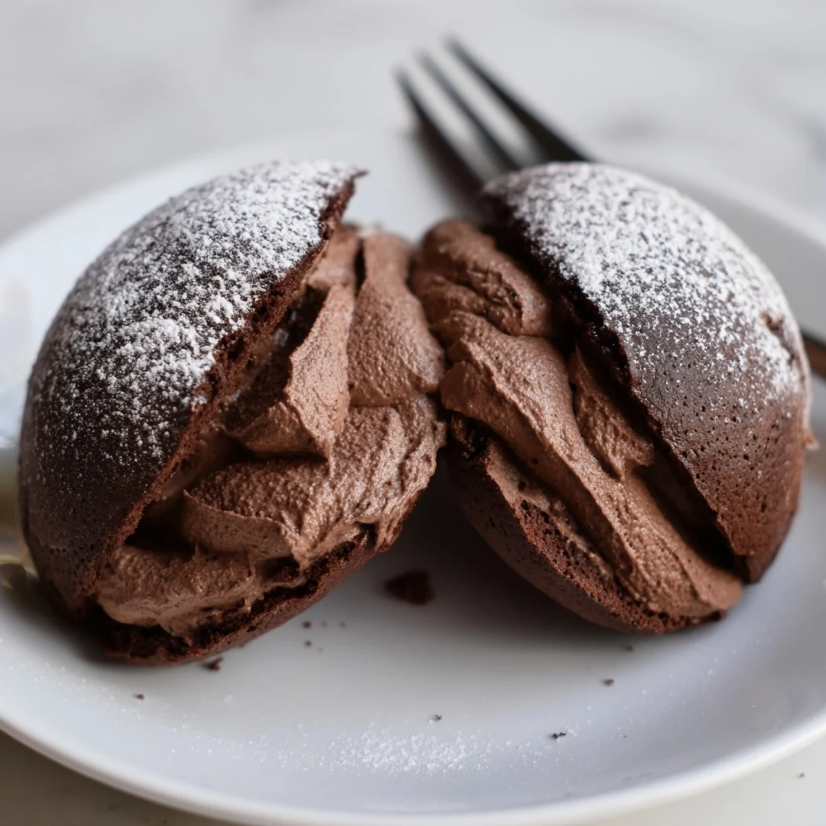 Gooey chocolate cream oozing from soft cocoa Italian Chocolate Maritozzi fresh from the oven
