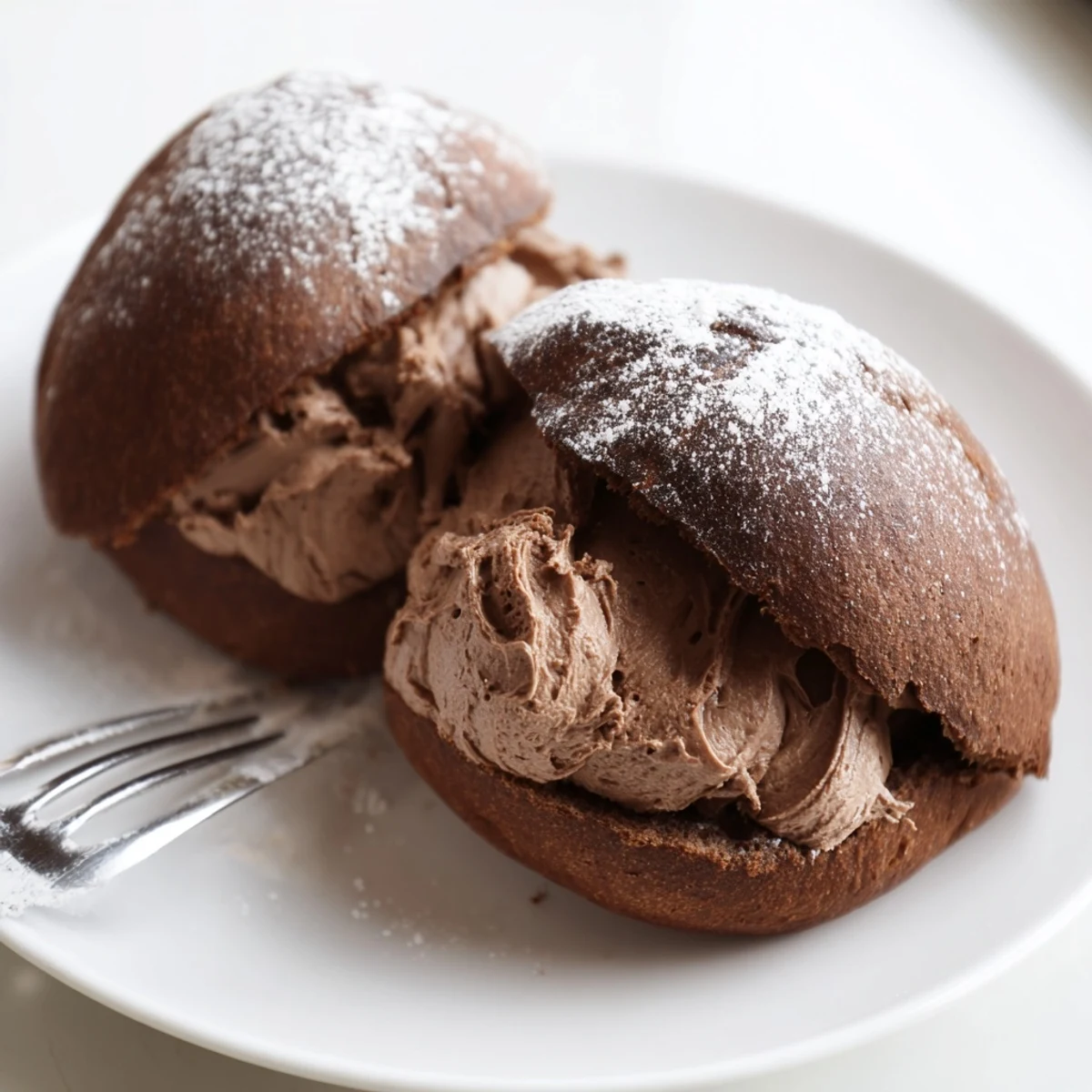 Fluffy Italian Chocolate Maritozzi dusted with powdered sugar on a rustic wooden board