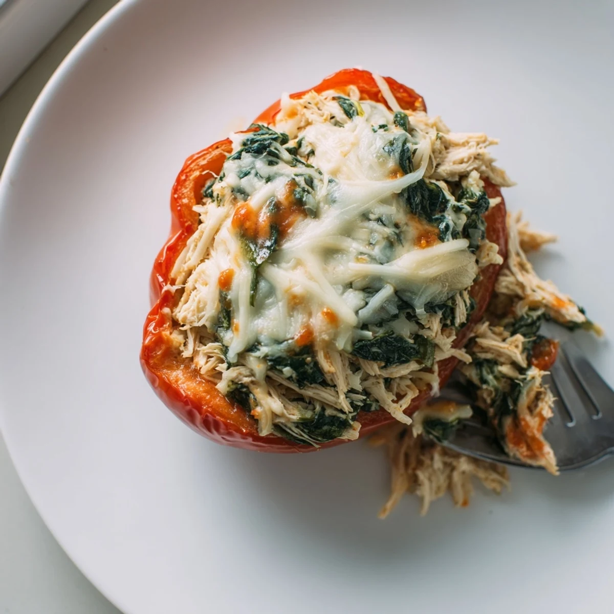 Golden baked Chicken Florentine Stuffed Peppers overflowing with melted cheese, spinach, and tender diced chicken.