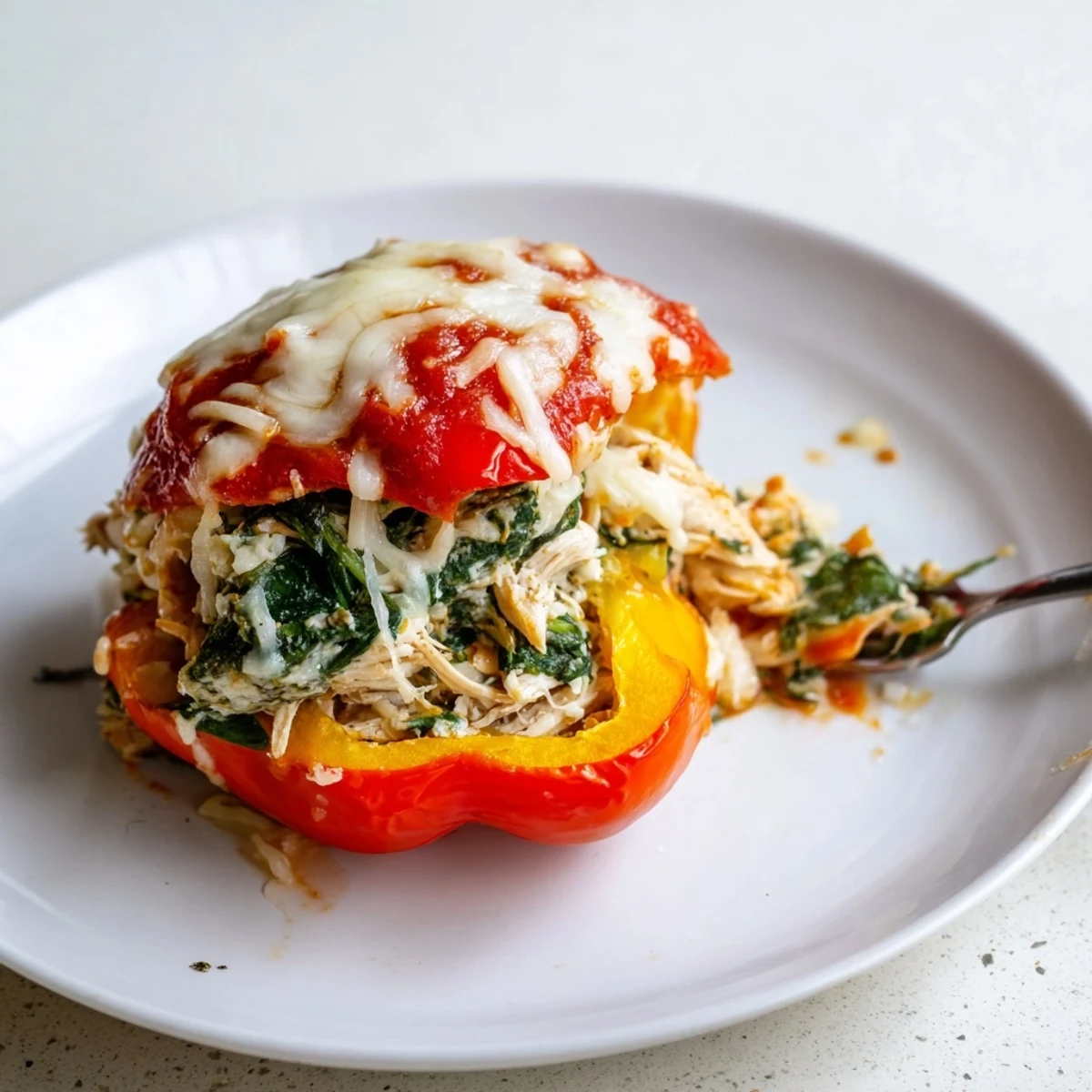 Vibrant bell peppers stuffed with a savory chicken Florentine mixture and baked until bubbly.