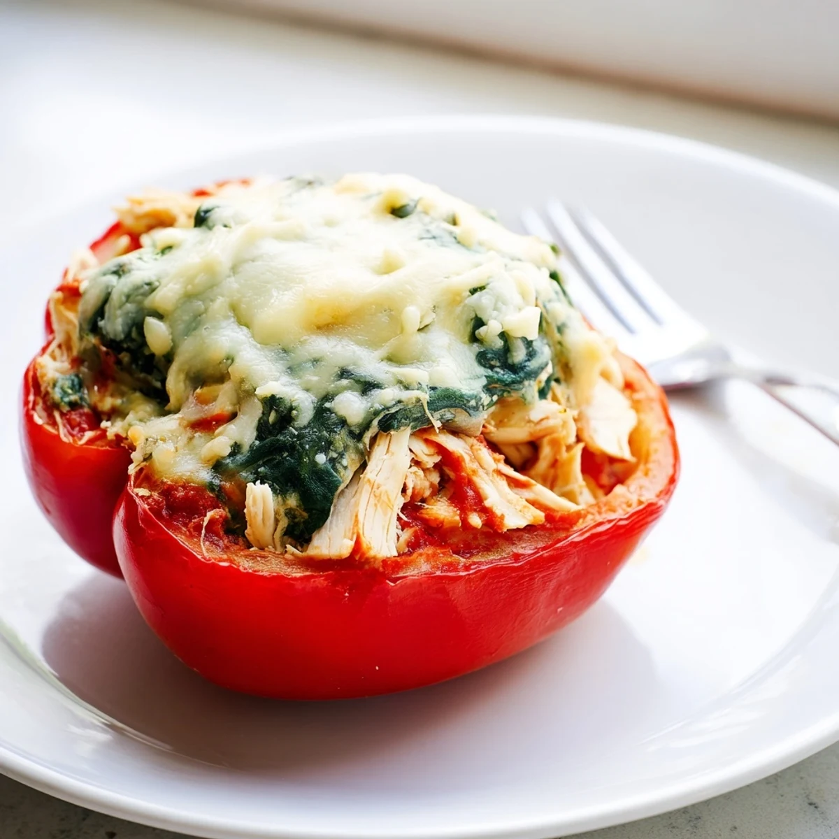 Plate of Chicken Florentine Stuffed Peppers topped with marinara and garnished with fresh parsley.