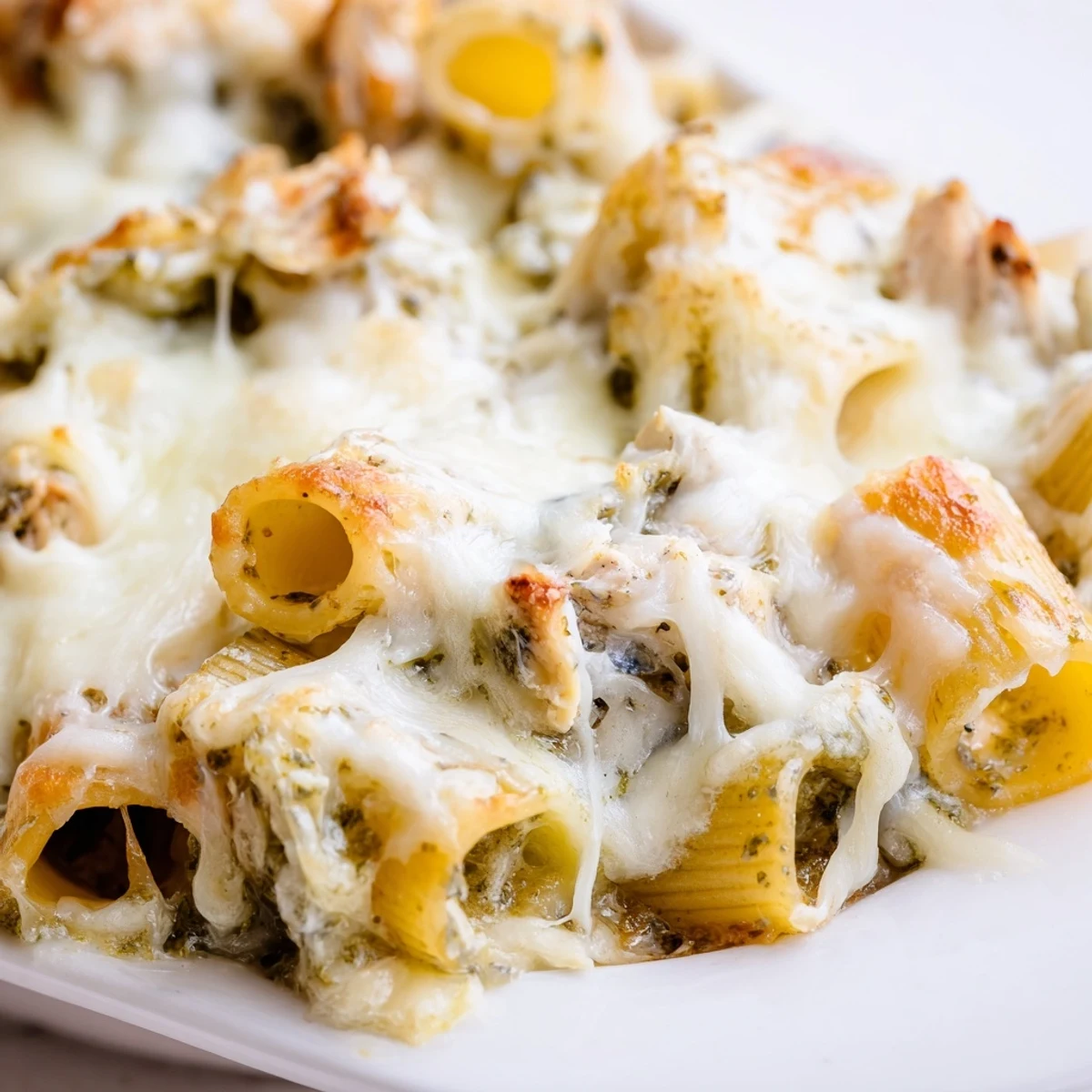 Bubbling pesto chicken pasta bake topped with golden melted mozzarella cheese in a white ceramic dish
