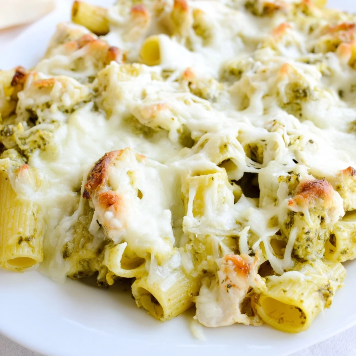 Close-up of cheesy pesto chicken pasta bake garnished with fresh basil leaves on a wooden table