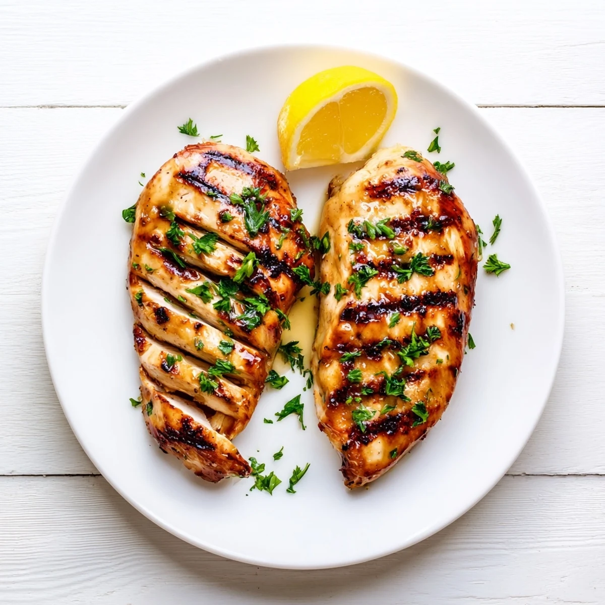 Golden glazed Maple Dijon grilled chicken breasts resting on a white plate with fresh parsley garnish  