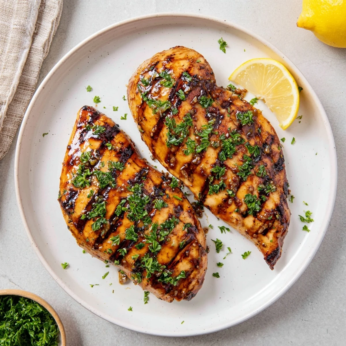 Close-up shot of Maple Dijon grilled chicken slices with char marks and lemon wedges on the side