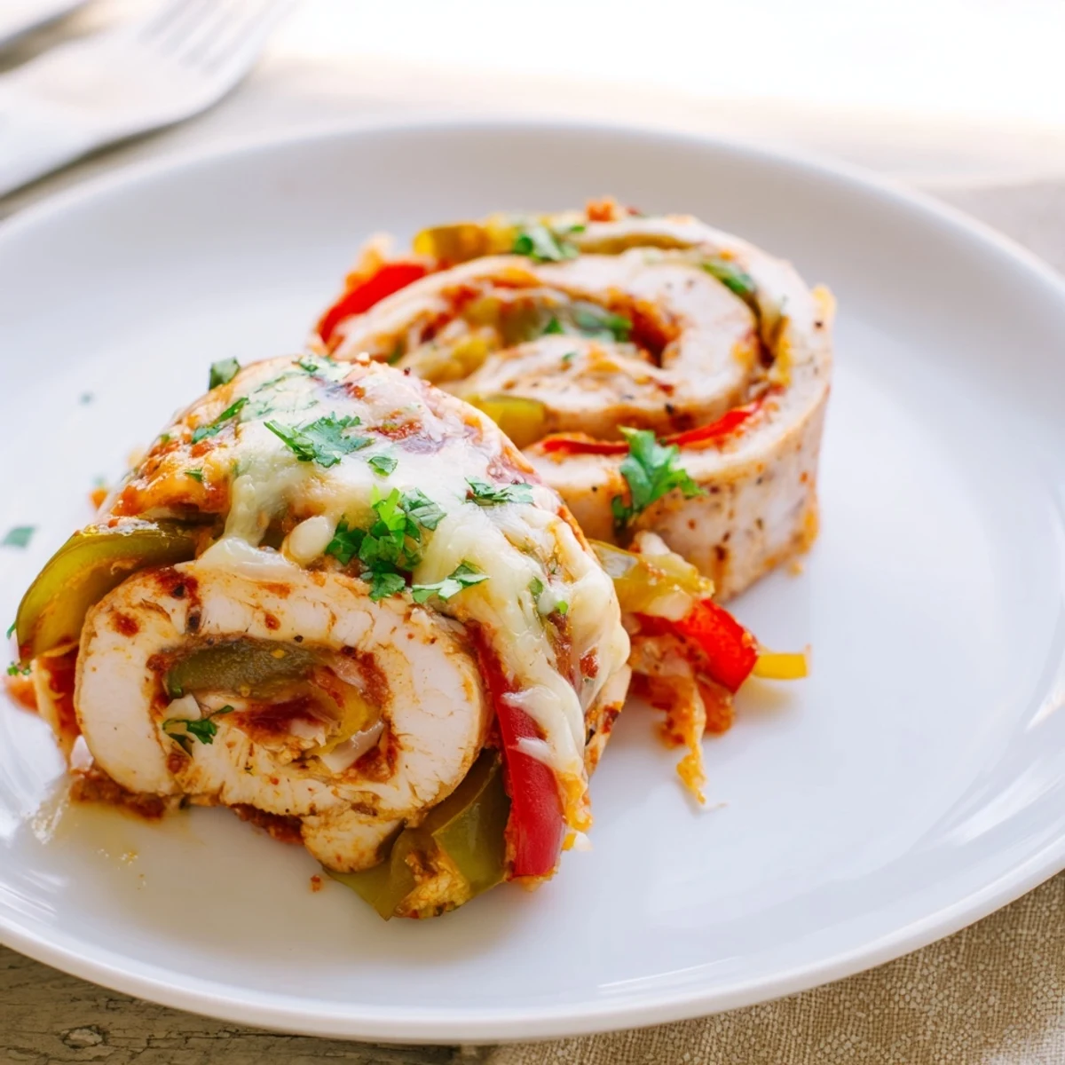 Tender chicken fajita roll ups sliced to show savory peppers and onions inside  