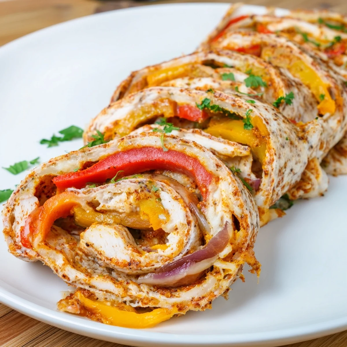 Golden baked chicken fajita roll ups stuffed with colorful peppers and melted cheese  